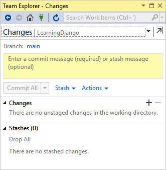 Capture d’écran de la fenêtre Team Explorer dans la page Modifications.