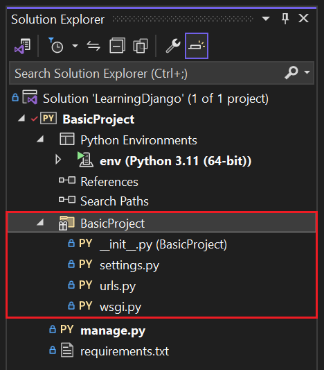Capture d’écran montrant le sous-dossier dans le projet Django initial dans l’Explorateur de solutions dans Visual Studio 2022.