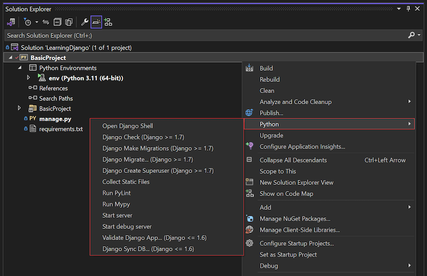 Capture d’écran montrant les fichiers projet Django initiaux dans l’Explorateur de solutions dans Visual Studio 2022.