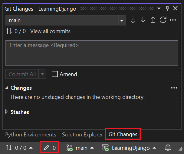 Capture d’écran de la fenêtre Modifications Git dans Visual Studio montrant les validations, les modifications et les stashs actuels.