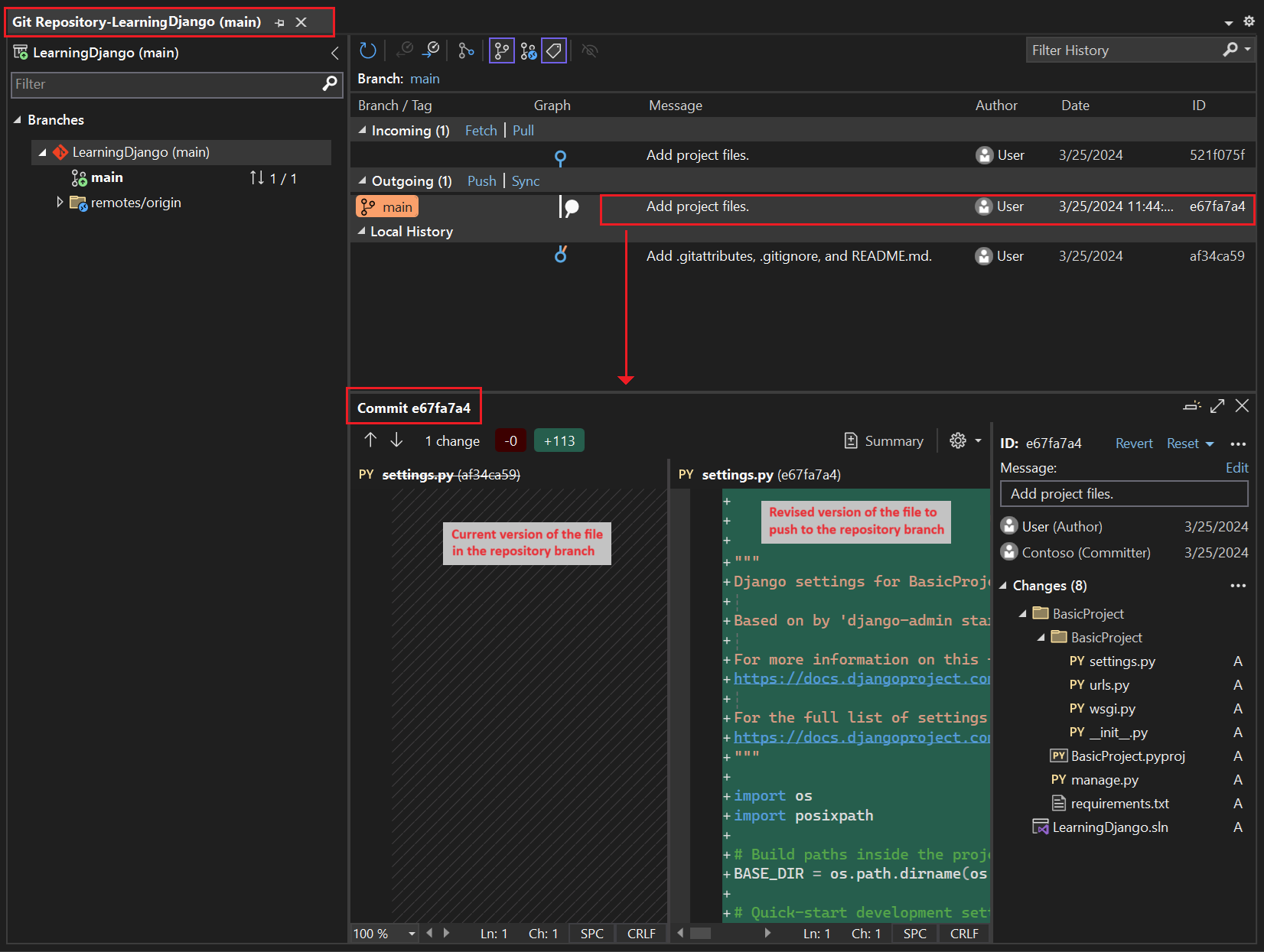 Capture d’écran montrant la fenêtre du référentiel Git dans Visual Studio.