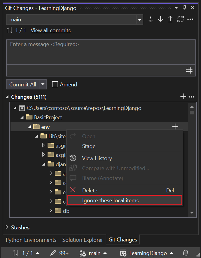 Capture d’écran montrant comment ignorer un environnement virtuel dans les modifications de contrôle de code source.