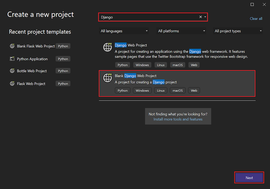 Capture d’écran montrant comment sélectionner le modèle projet web Django vide dans Visual Studio 2022.