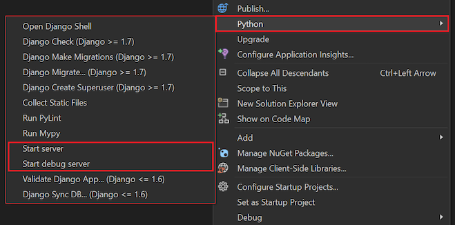 Capture d’écran montrant les commandes Python pour le projet sélectionné dans l’Explorateur de solutions dans Visual Studio 2022.