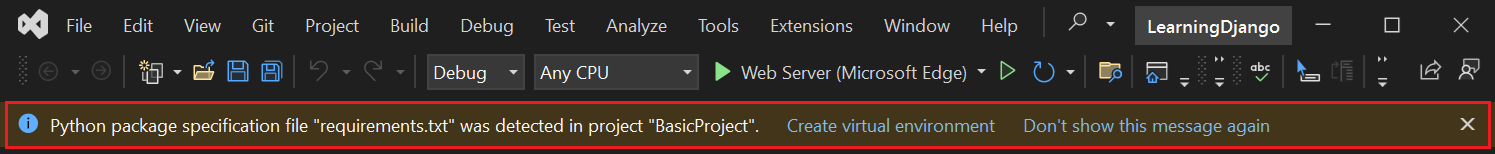 Capture d’écran de l’invite qui indique qu’un fichier de configuration requise pour le projet est détecté dans Visual Studio.