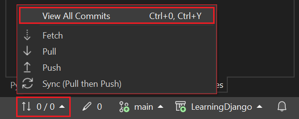 Capture d’écran montrant comment ouvrir la fenêtre du référentiel Git à partir de la barre de contrôles Git avec la commande Afficher toutes les validations.