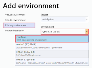 Capture d’écran de la boîte de dialogue Ajouter un environnement Onglet Environnement existant dans Visual Studio, montrant comment définir le champ Environnement sur Personnalisé.