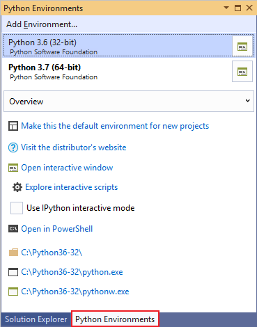 Capture d’écran montrant la fenêtre Environnements Python dans Visual Studio 2019.