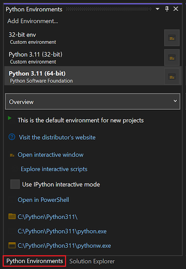 Capture d’écran montrant la fenêtre Environnements Python dans Visual Studio 2022.