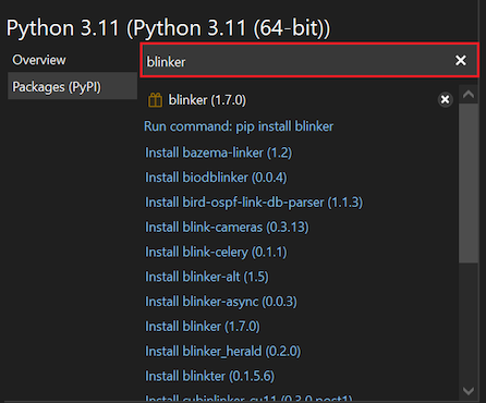 Screenshot that shows how Visual Studio shows how to search for matching packages in the Python Environments window.
