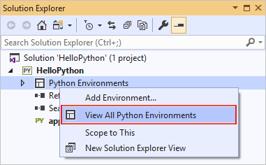 Capture d’écran montrant comment ouvrir la fenêtre Environnements Python en cliquant avec le bouton droit dans Visual Studio 2019.