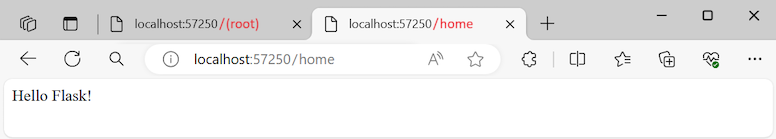 Capture d’écran montrant comment consulter l’itinéraire, barre oblique, accueil pour l’application Flask refactorisée dans le navigateur.