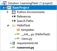 Capture d’écran montrant la structure de projet Flask mise à jour dans l’Explorateur de solutions dans les versions antérieures de Visual Studio.