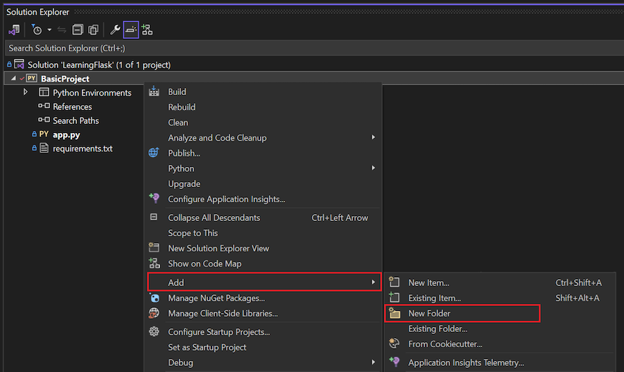 Capture d’écran montrant comment ajouter le dossier Hello Flask dans Visual Studio 2022.