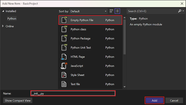 Capture d’écran montrant comment ajouter le fichier Python init dans Visual Studio 2022.