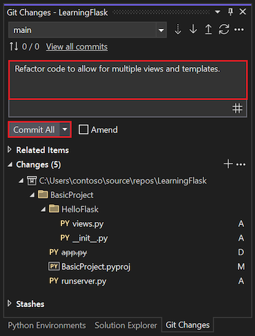 Capture d’écran montrant comment modifier le message de validation et valider toutes les modifications du code refactorisé dans la fenêtre Modifications Git.