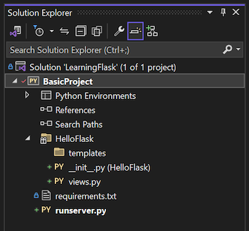 Capture d’écran montrant la structure de projet Flask mise à jour dans l’Explorateur de solutions dans Visual Studio 2022.