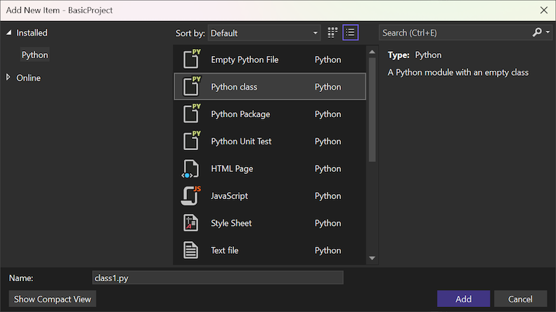 Capture d’écran montrant les modèles disponibles dans la boîte de dialogue Ajouter un nouvel élément dans Visual Studio 2022.