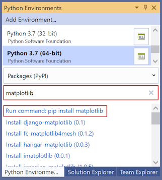 Capture d’écran montrant comment installer la bibliothèque matplotlib pour l’environnement sélectionné dans la fenêtre Environnements Python dans Visual Studio 2019.