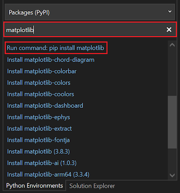Capture d’écran montrant comment installer la bibliothèque matplotlib pour l’environnement sélectionné dans la fenêtre Environnements Python dans Visual Studio 2022.