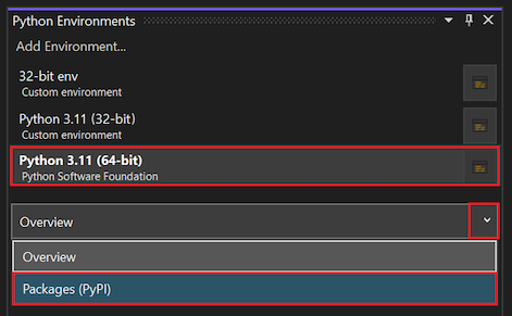 Capture d’écran montrant comment sélectionner l’option Packages PyPI pour l’environnement sélectionné pour afficher les packages installés.
