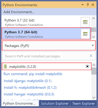 Capture d’écran montrant les packages matplotlib et numpy nouvellement installés pour l’environnement sélectionné dans la fenêtre Environnements Python dans Visual Studio 2019.