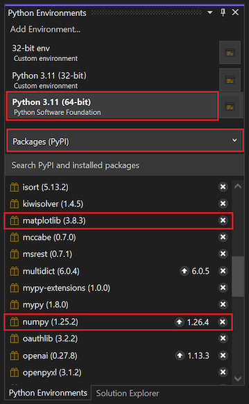 Capture d’écran montrant les packages matplotlib et numpy nouvellement installés pour l’environnement sélectionné dans la fenêtre Environnements Python dans Visual Studio 2022.