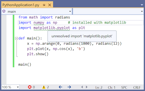 Capture d’écran montrant comment Visual Studio 2019 utilise une mise en forme spéciale pour indiquer que l’instruction d’importation matplotlib n’est pas résolue.