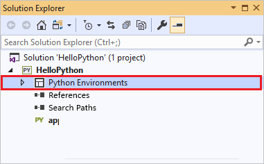 Capture d’écran montrant le nœud Environnements Python dans l’Explorateur de solutions dans Visual Studio 2019.