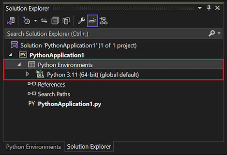 Capture d’écran montrant le nœud Environnements Python dans l’Explorateur de solutions dans Visual Studio 2022.