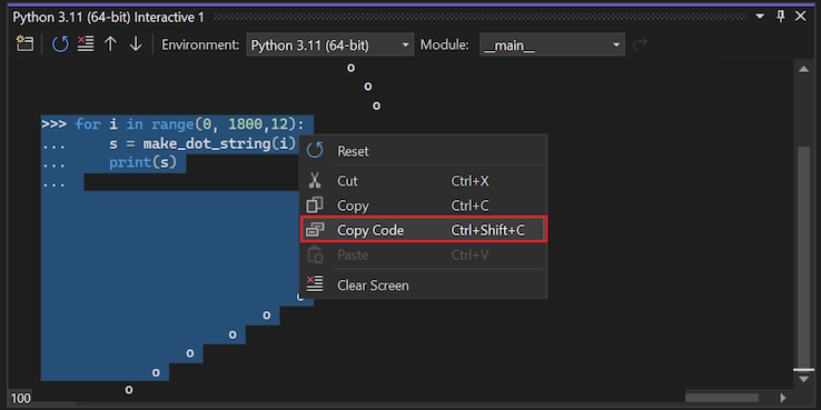 Capture d’écran montrant la commande de code de copie de fenêtre interactive sur une sélection qui inclut des invites et une sortie dans Visual Studio.