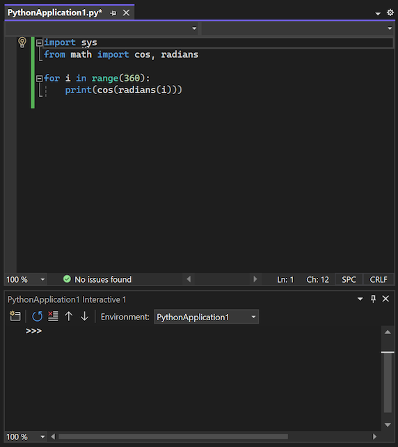Capture d’écran montrant la fenêtre interactive pour Python ouverte sous l’éditeur de code dans Visual Studio.