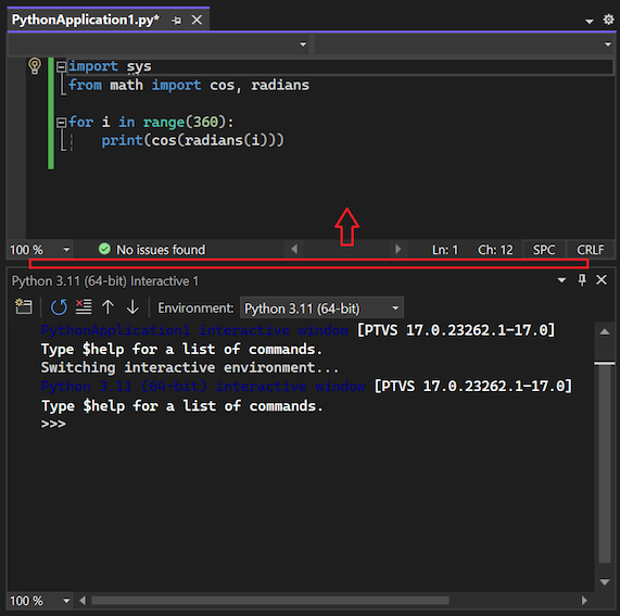 Capture d’écran montrant comment déplacer le séparateur pour augmenter la taille de la fenêtre interactive dans Visual Studio.