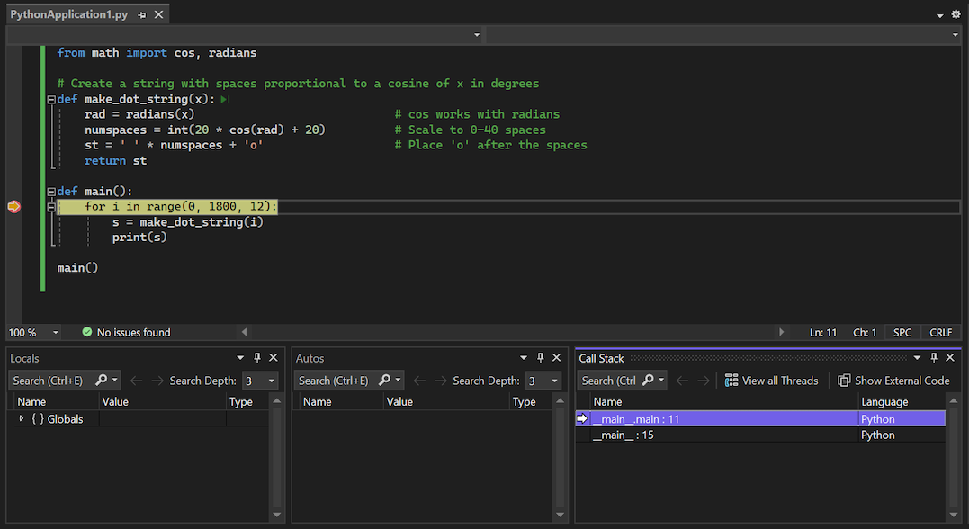 Capture d’écran des fenêtres du débogueur qui affichent l’état du programme lorsque Visual Studio s’arrête à un point d’arrêt défini.