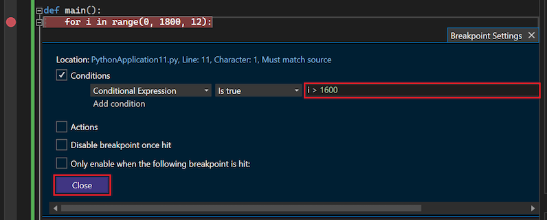 Capture d’écran montrant comment définir un point d’arrêt conditionnel dans le débogueur dans Visual Studio.
