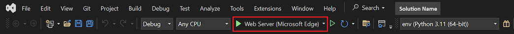 Capture d’écran montrant la commande Serveur web dans la barre d’outils principale de Visual Studio.