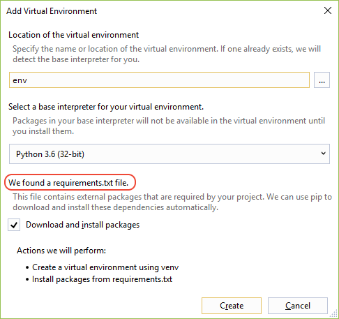 Capture d’écran de la boîte de dialogue Ajouter un environnement virtuel avec le message de fichier texte requis découvert dans Visual Studio.