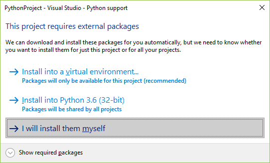 Capture d’écran de l’invite qui indique que le projet nécessite des packages Django externes dans Visual Studio.