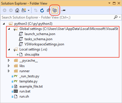 Capture d'écran montrant comment afficher les dossiers et fichiers masqués dans Explorateur de solutions dans Visual Studio.