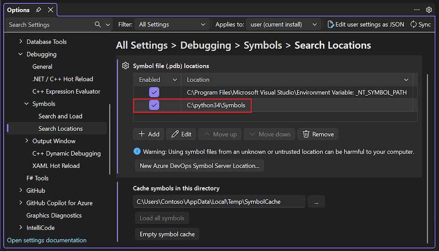 Capture d’écran montrant comment spécifier l’emplacement des symboles du débogueur en mode mixte Python.