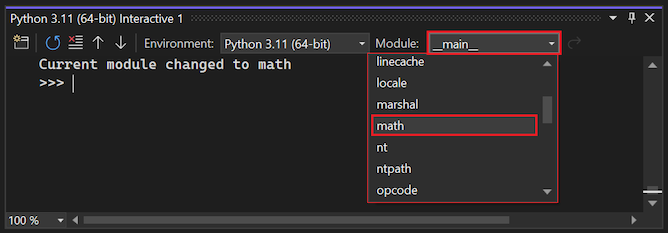 Capture d’écran montrant comment utiliser le menu déroulant Étendue du module pour modifier l’étendue dans la fenêtre interactive dans Visual Studio 2022.
