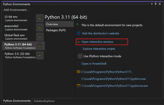 Capture d’écran montrant comment utiliser l’option Ouvrir une fenêtre interactive pour l’environnement sélectionné dans Visual Studio 2022.