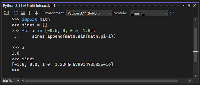 Capture d’écran montrant la fenêtre REPL (read–eval–print loop) Python dans Visual Studio 2022.