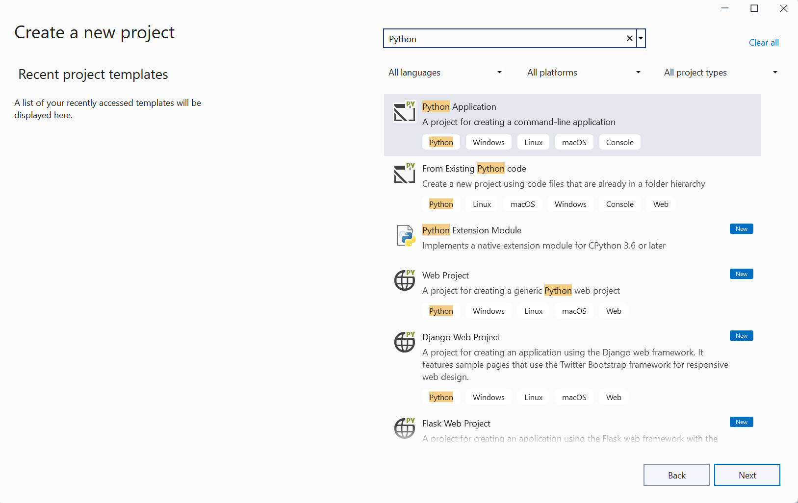 Capture d’écran montrant la boîte de dialogue Créer un projet dans Visual Studio 2022 avec des modèles de projet Python.