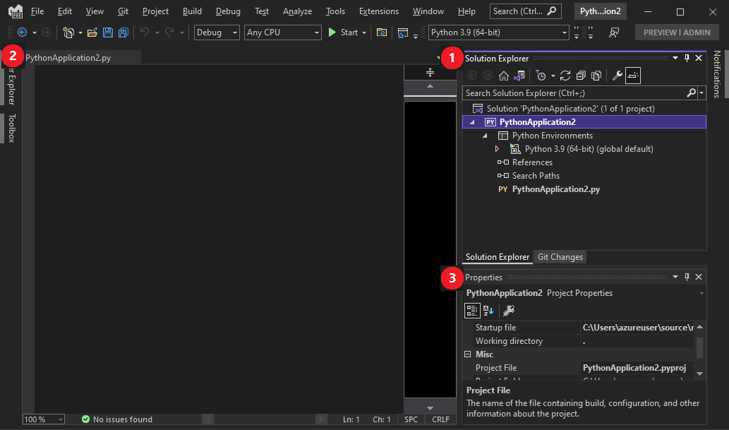 Capture d’écran montrant le nouveau projet ouvert dans Visual Studio 2022.