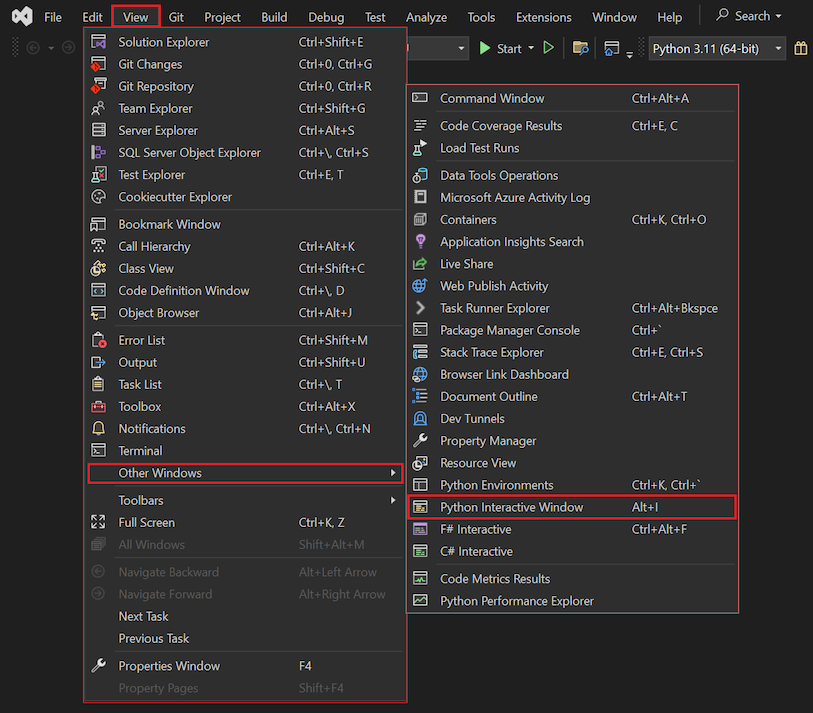 Capture d’écran montrant comment utiliser l’option de menu Afficher la fenêtre interactive Python dans Visual Studio 2022.
