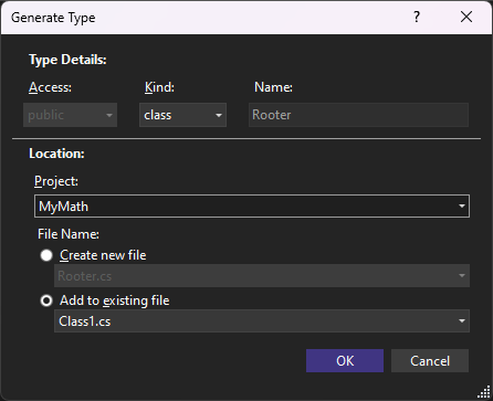 Boîte de dialogue Générer un type dans Visual Studio 2019