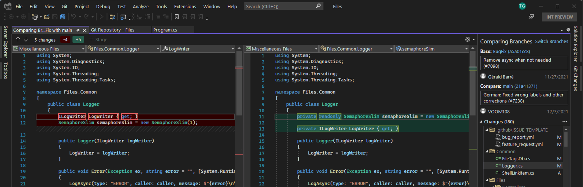 Screenshot that shows how to compare branches by using the diff view.
