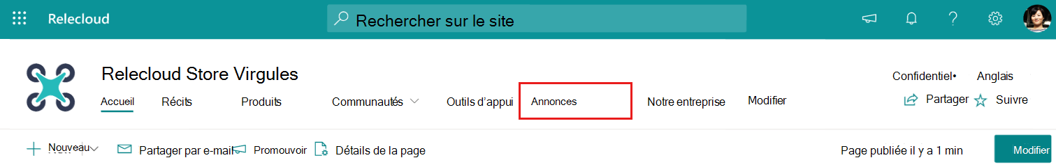 Capture d’écran montrant une barre de navigation SharePoint avec annonces mises en surbrillance.