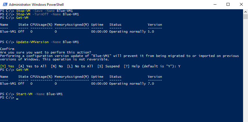 Screencap showing the Update-VMVersion cmdlet in action